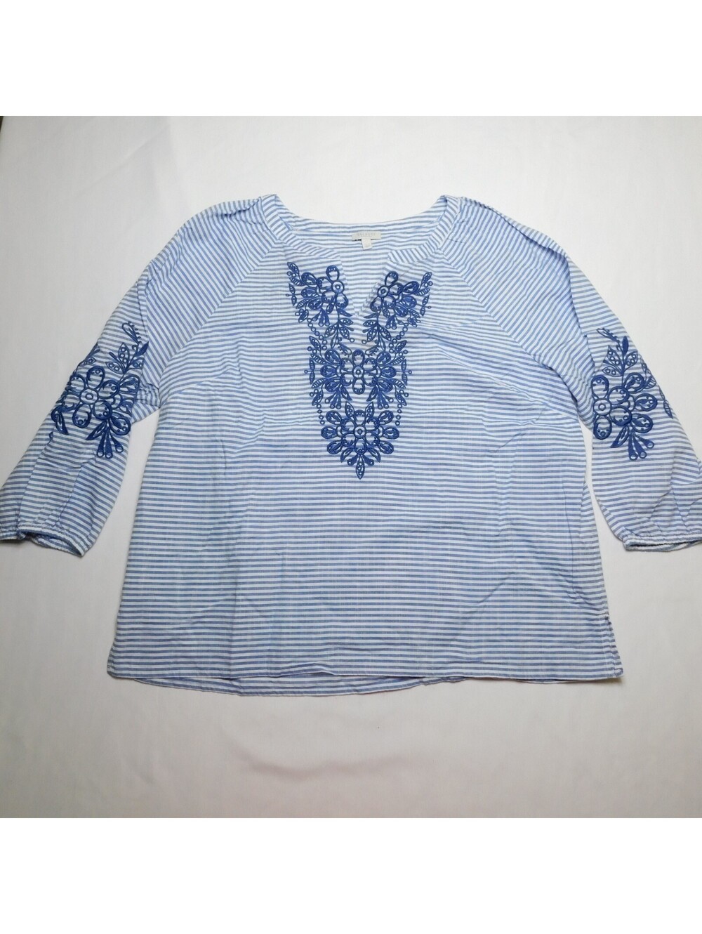 Talbots Striped Embroidered Popover Blouse Womens XLP Blue White Cotton Boho Top